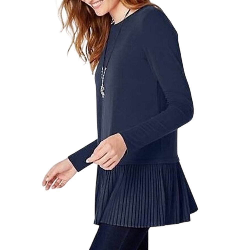 J Jill Tunic Top Womens Size L Blue Pleated Hem Detail Long Sleeve Pullover